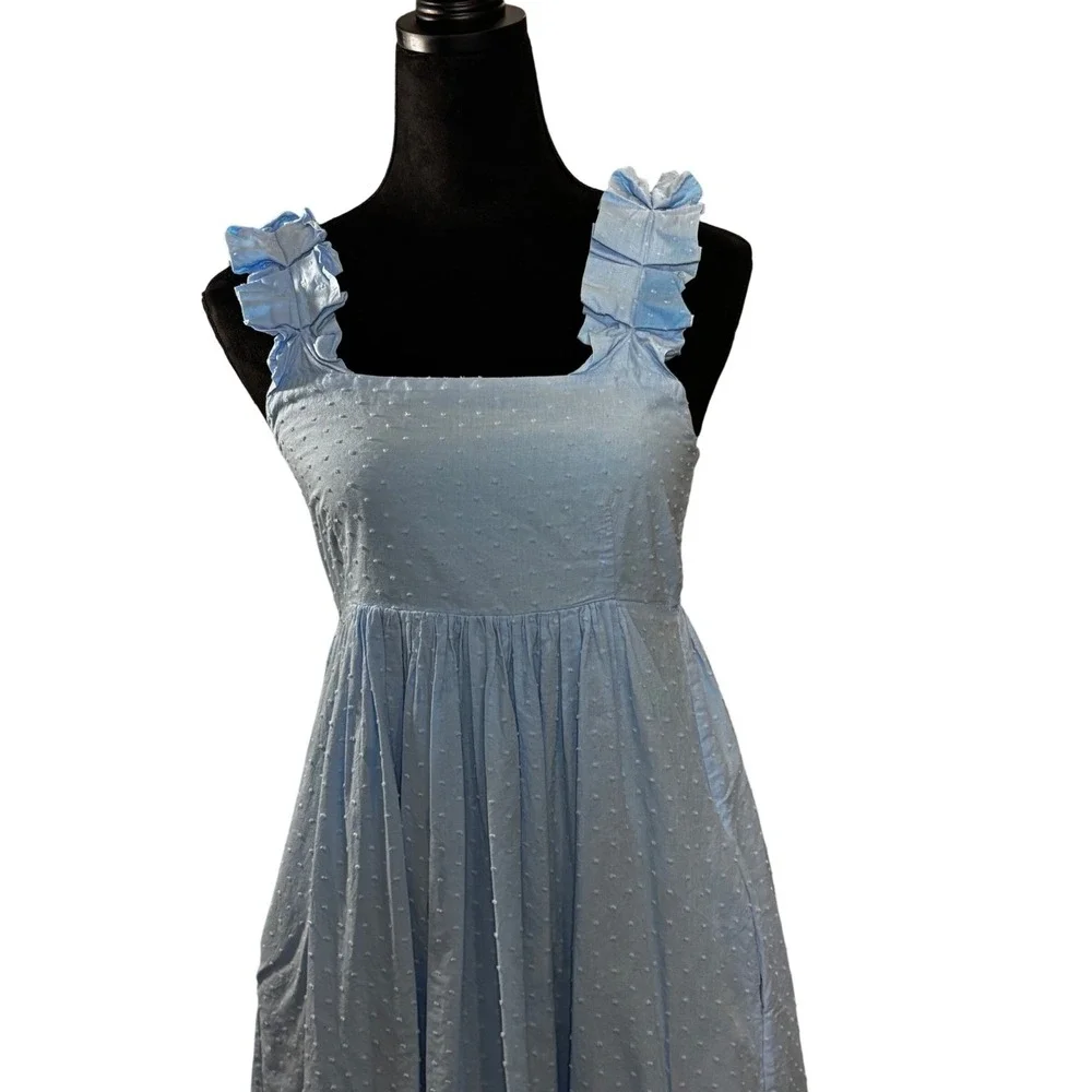 LAKE ‎ Light Blue Swiss Dot Smocked Midi Dress Ruffle Strap Square Neck